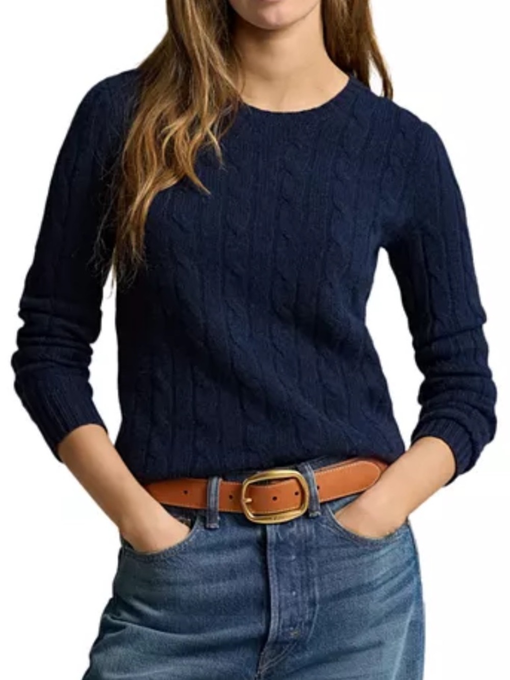 Polo Ralph Lauren Cashmere Cable Knit Sweater Navy Blue Crewneck Pullover M - Picture 2 of 6